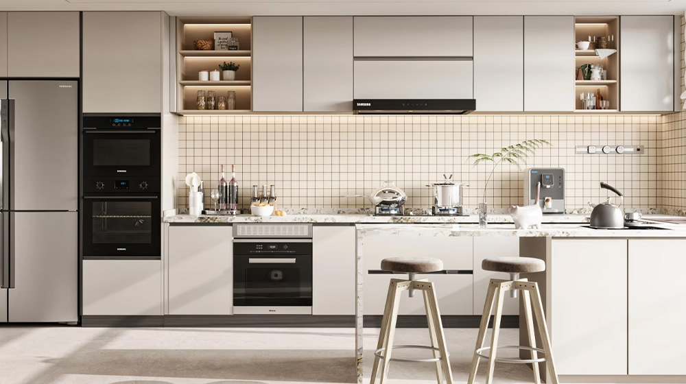 Natural wood+milky white color blocked kitchen