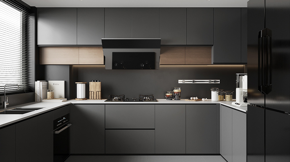 Minimally designed with dark grey and wood veneer
