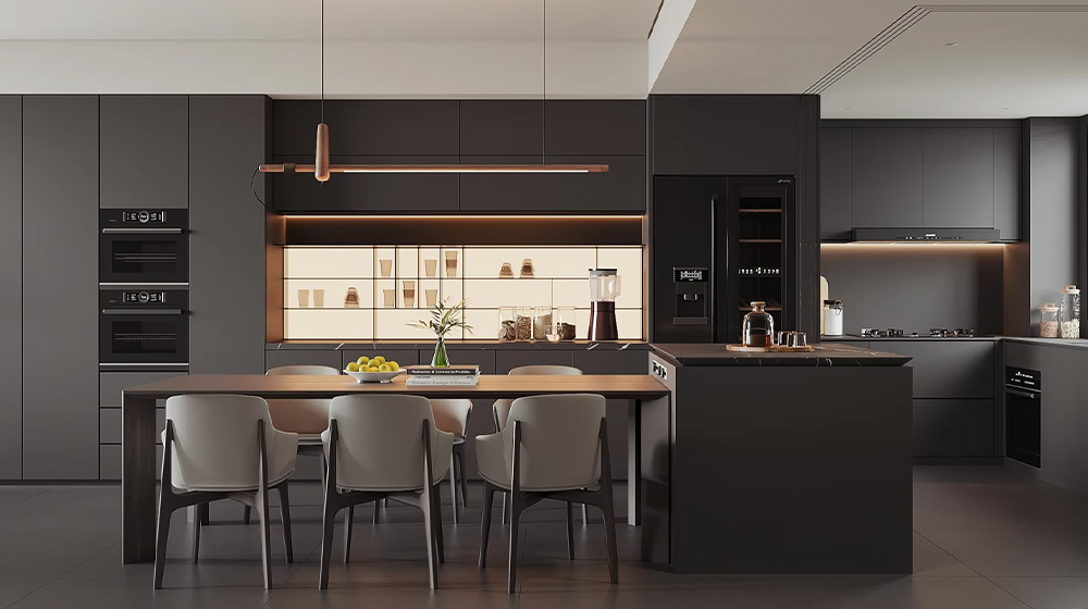 Integrated kitchen and dining deep grey style