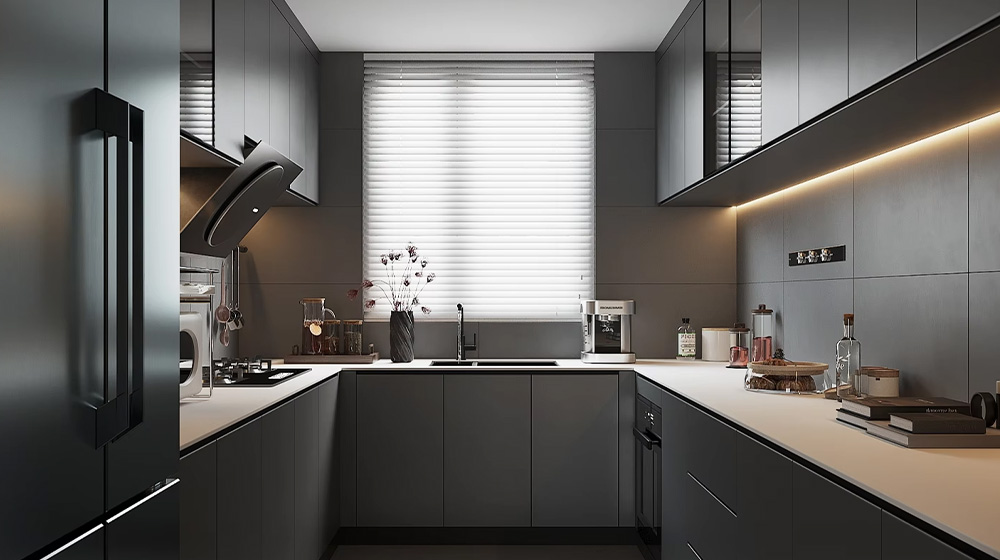 Dark grey light with small kitchen style